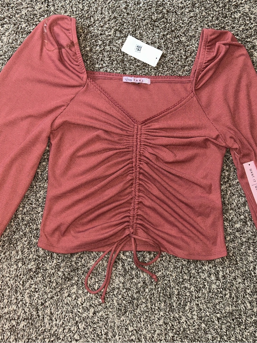 Rust Ruching Long Sleeve Crop Top